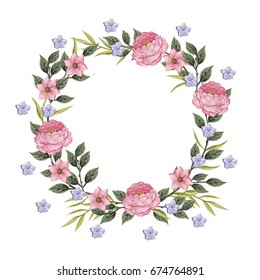 Vector flowers Beautiful wreath. Elegant floral collection with isolated blue,pink leaves and flowers, hand drawn watercolor. Design for invitation, wedding or greeting cards