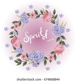 Vector flowers Beautiful wreath. Elegant floral collection with isolated blue,pink leaves and flowers, hand drawn watercolor with phrase Spirit of. Design for invitation, wedding or greeting cards