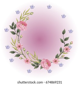 Vector flowers Beautiful wreath. Elegant floral collection with isolated blue,pink leaves and flowers, hand drawn watercolor. Design for invitation, wedding or greeting cards