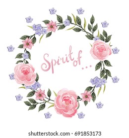 Vector flowers Beautiful wreath. Elegant floral collection with isolated blue,pink leaves and flowers, hand drawn watercolor with phrase Spirit of. Design for invitation, wedding or greeting cards