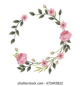 Flores vectoriales Hermosa corona. Con flores rosas, hojas. estilo acuarela dibujado a mano. Diseño para tarjetas de invitación, boda o de bienvenida