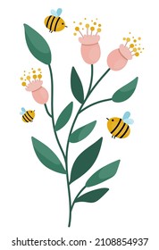 Vector flowers with bees. Funny illustration with bumblebees pollinating plants. Honey insects with greenery and pollen icon.
