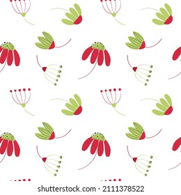 Vector flowers and berries in green and red on a white background seamless pattern