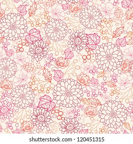 Vector flowers and berries line art seamless pattern with hand drawn flowers on light background