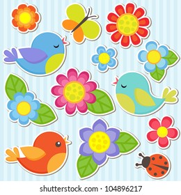 Vector flowers, birds, butterfly and ladybug