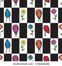 Vector Flowers and Birds in Red Blue Purple Yellow Green on White and Black Seamless Repeat Pattern. Background for textiles, cards, manufacturing, wallpapers, print, gift wrap and scrapbooking.