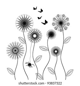 vector flowers, black and white