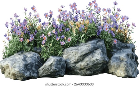 Vector flowers blooming, blossoming flowers, rocks composition design, cutout backgrounds nature, floral elements, rock textures, nature design, spring theme
