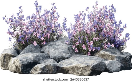 Vector flowers, blooming composition design, rocks background, cutout, floral design, natural elements, spring flowers, rock textures, nature background