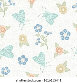 Vector Flowers in Blue Gold Orange with Green Leaves and Butterflies on White Background Seamless Repeat Pattern. Background for textiles, cards, manufacturing, wallpapers, print, gift wrap and