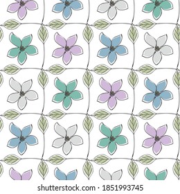 Vector Flowers in Blue Gray Pink Aqua in Green Leaves Grid on White Background Seamless Repeat Pattern. Background for textiles, cards, manufacturing, wallpapers, print, gift wrap and scrapbooking.