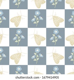 Vector Flowers in Blue with Green Leaves and Gold Butterflies on White Gray Squares Seamless Repeat Pattern. Background for textiles, cards, manufacturing, wallpapers, print, gift wrap and