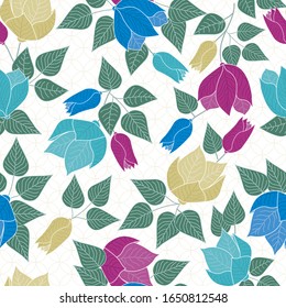 Vector Flowers in Blue Pink Yellow Aqua with Green Leaves Scattered on White Background Seamless Repeat Pattern. Background for textiles, cards, manufacturing, wallpapers, print, gift wrap