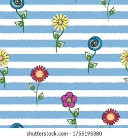 Vector Flowers in Blue Red Yellow Purple on Blue White Stripes Seamless Repeat Pattern. Background for textiles, cards, manufacturing, wallpapers, print, gift wrap and scrapbooking.
