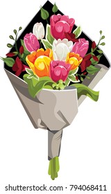 Vector flowers bouquet. Pink, yellow, white roses and green leaves.