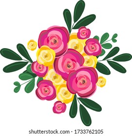 Vector flowers. Bouquet of roses. Pink and yellow roses. Greenery. Flowers and leaves.