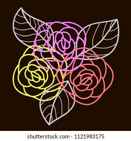 Vector flowers, bouquet. Simple colored roses on a black background.