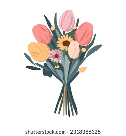 Vector flowers bouquet. Summer spring bouquet sticker isolated, woman flowers gift, tulips and daisies, vector illustration trendy flat design