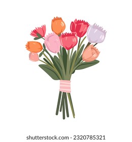 Ramo de flores vectoriales. Sello de ramo de primavera de verano aislado, regalo de flores de mujer, tulipanes y margaritas, ilustración vectorial diseño plano de moda