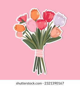 Vector flowers bouquet. Summer spring bouquet sticker isolated, woman flowers gift, tulips and daisies, vector illustration trendy flat design