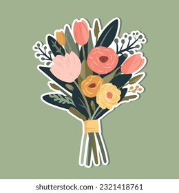 Vector flowers bouquet. Summer spring bouquet sticker isolated, woman flowers gift, tulips and daisies, vector illustration trendy flat design