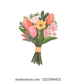 Ramo de flores vectoriales. Sello de ramo de primavera de verano aislado, regalo de flores de mujer, tulipanes y margaritas, ilustración vectorial diseño plano de moda