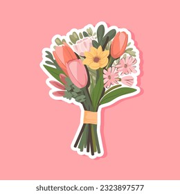 Ramo de flores vectoriales. Sello de ramo de primavera de verano aislado, regalo de flores de mujer, tulipanes y margaritas, ilustración vectorial diseño plano de moda