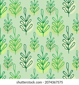 Flores vectoriales y ramas colocadas aleatoriamente en un patrón sin fisuras. Todo sobre la impresión con fondo verde sabio.