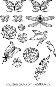vector flowers, butterflies, birds