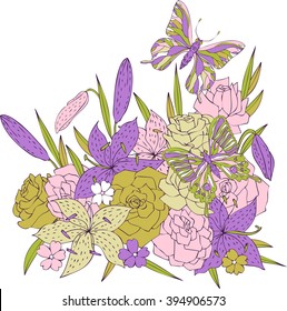 vector flowers and butterflies, hand drawn floral background