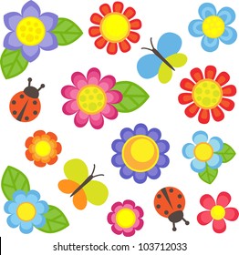 Vector flowers, butterflies and ladybugs