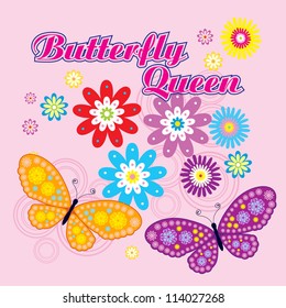 Vector flowers and butterfly background / Beauty butterfly