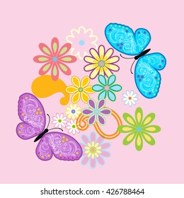 Vector flowers and butterfly background / Beauty butterfly
