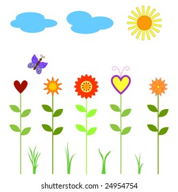 Vector flowers, butterfly, clouds and sun