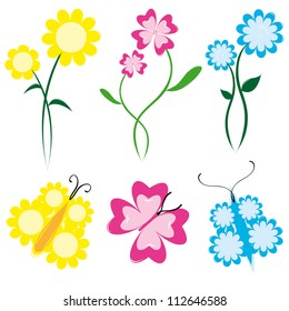 Vector flowers and butterfly on white background