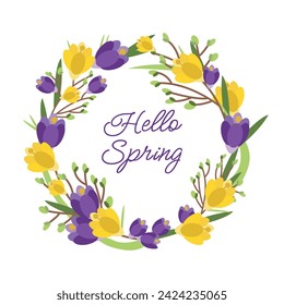 Vektor Blumen im Kreis isoliert auf weißem Hintergrund. Frühlingszeit: grüne Zweige, gelbe und lila KrokusseRunder Rahmen für Ihr Design, Grußkarten, Hochzeitsankündigungen, Poster. 