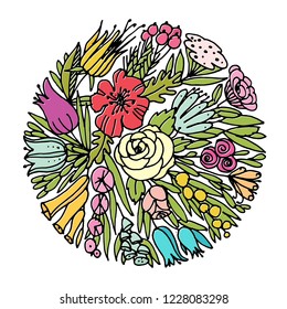 Vector flowers in a circle on a white background. Drawn vector illustration. 