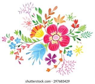 Vector flowers - Colorful floral collection with leaves and flowers, drawing watercolor. Spring or summer design for invitation, wedding or greeting cards