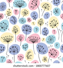 Vector flowers in colourful bobbles seamless pattern print background.