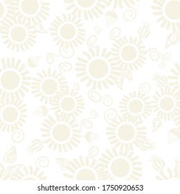 Flores vectoriales en crema sobre fondo blanco patrón de repetición sin problemas. Antecedentes para textiles, tarjetas, manufactura, papel pintado, envoltura de regalo y reserva de chatarra.