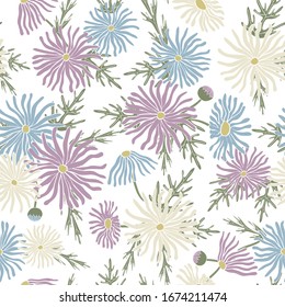 Vector Flowers Daisies in Purple Blue White with Green Leaves Scattered on White Background Seamless Repeat Pattern. Background for textiles, cards, manufacturing, wallpapers, print, gift wrap and
