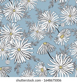 Vector Flowers Daisies in White Yellow Black with Gray Leaves Scattered on Blue Background Seamless Repeat Pattern. Background for textiles, cards, manufacturing, wallpapers, print, gift wrap and