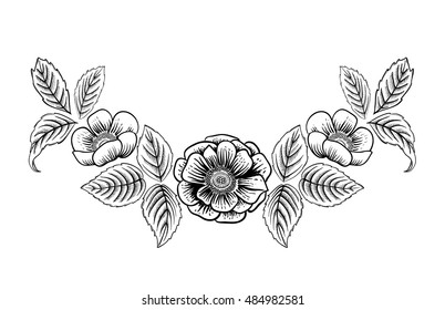 Vector flowers to decorate neck dresses, blouses. Decorative floral print. Roses and leaves.