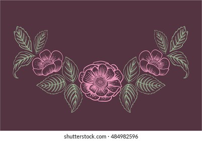Vector flowers to decorate neck dresses, blouses. Decorative element. Roses and leaves.
