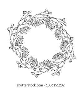 Vector flowers decorative wreath isolated on white background, round frame hand drawn Doodle vector sketch herbal line art graphic design for greeting card, invitation, wedding design