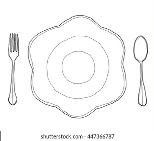 vector flowers dish plate Shape  and  fork spoon hand drawn line art cute illustration