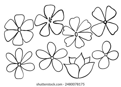 Vector flowers doodle icons in line style. Hand drawn scribble element design