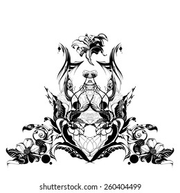 Vector flowers, drawn in ink on old paper. Children's drawing a pencil in graphics technology. Roses and daisies. The thin smooth lines. Template for greeting card. Black and white