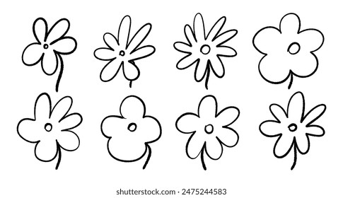 Vector flowers drawn in scribble style. Set of line style flowers.