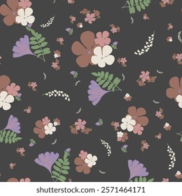 Vector Flowers in Earthy Tones Seamless Pattern. Mocha Mousse flowers repeat pattern